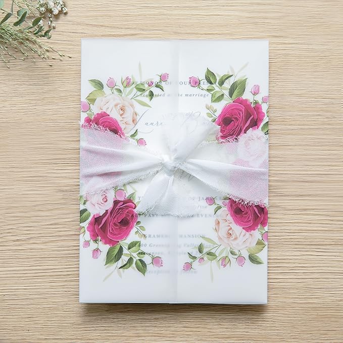 PONATIA 50PCS Vellum Jackets for 5x7 Invitation Cards- 135GSM Fuchsia Flowers - Image 7
