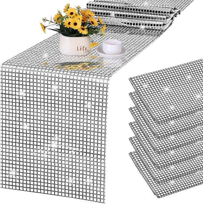 Durony 6 Pack Disco Party Table Runners, 11 x 108 Inch Silver Glitter Foil by durony