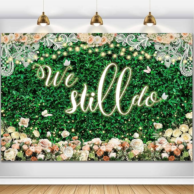 We Still Do Backdrop Green Leaves Lace Wedding Anniversary Photography by Unknown