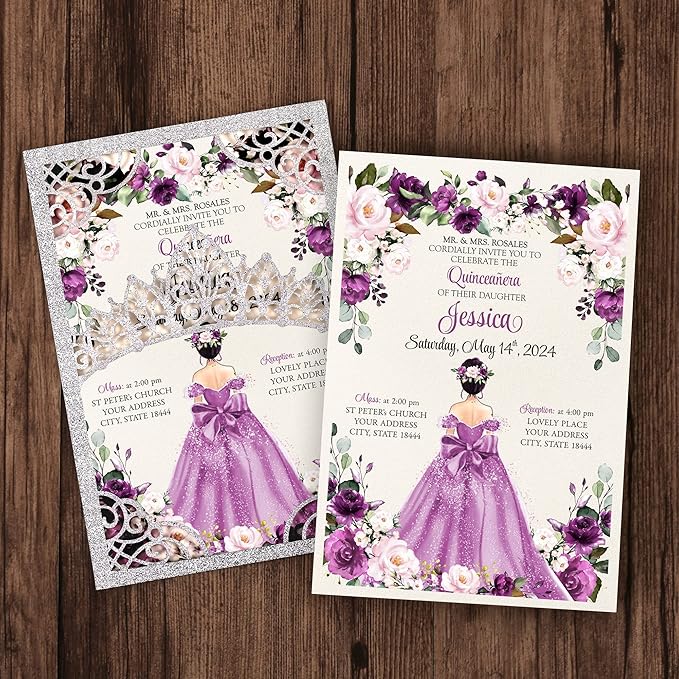 50Pcs Purple Crown Invitations for Quinceanera, 15 year, Sweet 16, Miss XV - Image 2
