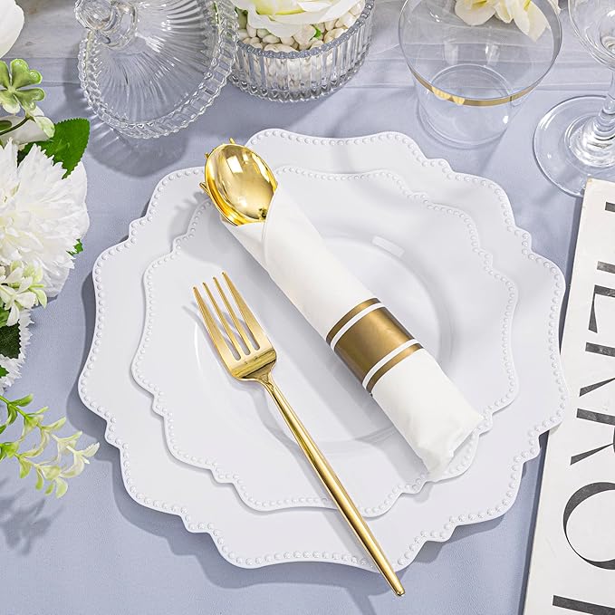 COLOSUS 350pcs White Plastic Plates Disposable Gold Cutlery Dinnerware set - Image 2