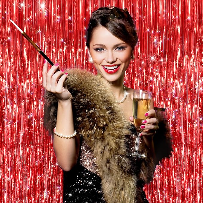 2Pack Red Foil Fringe Curtain, Glitter Red Metallic Tinsel Foil Fringe Curtains - Image 2
