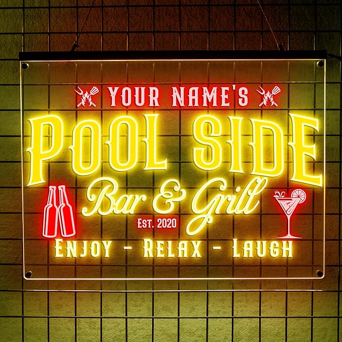 Personalized Pool Side Bar & Grill Neon Sign, Custom LED Wall Light by LULMicaLedSign