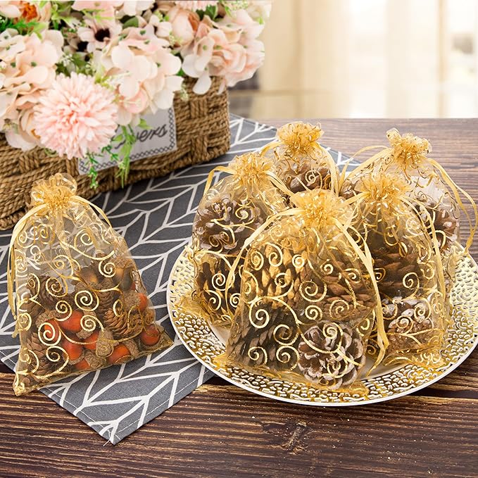 Staruby Organza Gift Bags 100Pcs Gold Sheer Organza Bag 5x7 Inch Mesh Favor - Image 7