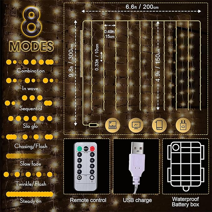 Meonum Curtain Tapestry Backdrop String Lights, Each 13 Strings 6.6 x 5 ft - Image 3