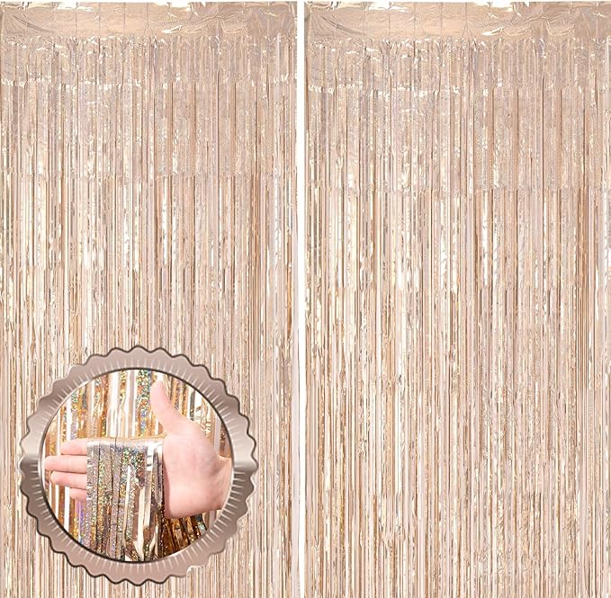 2 Pack Champagne Gold Tinsel Foil Fringe Curtains, Champagne Party Decorations by Voircoloria