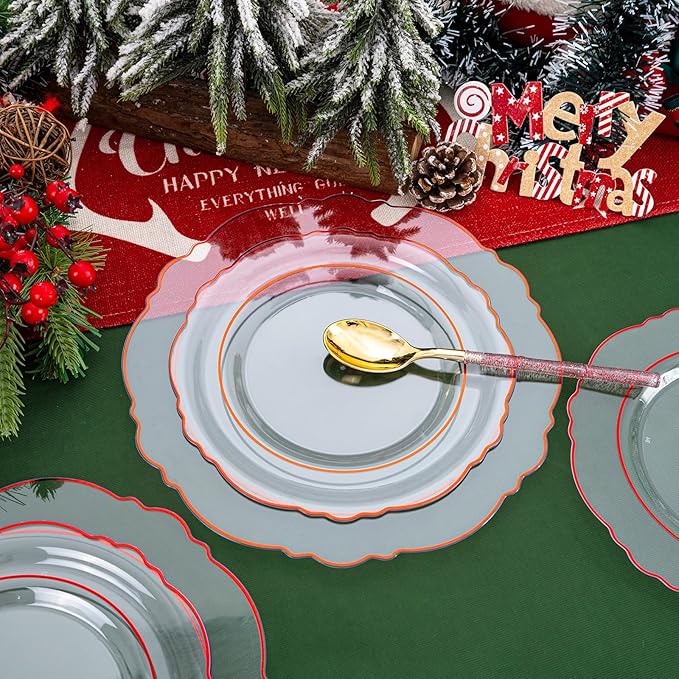 Liacere 150PCS Clear and Red Plastic Plates-Clear Red Disposable Plates - Image 7