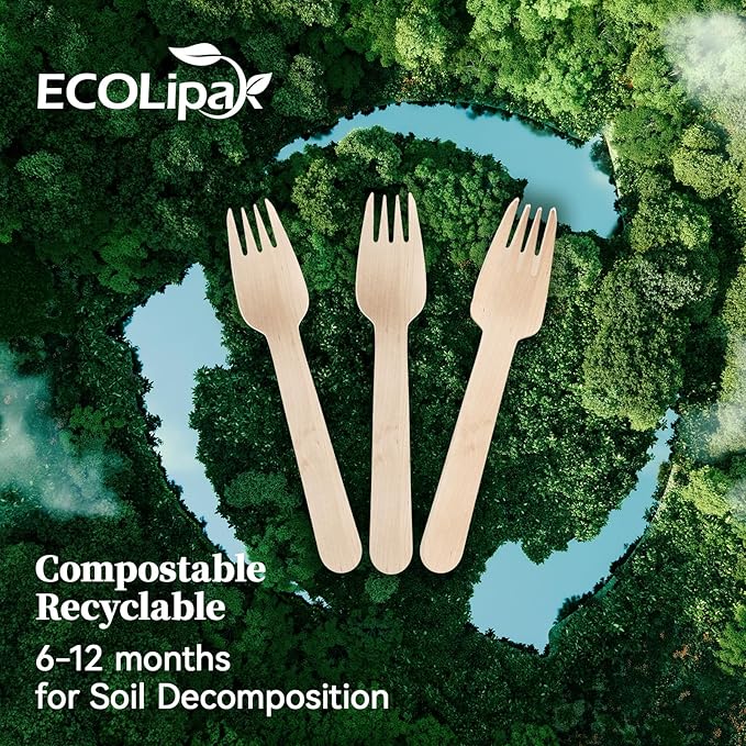 ECOLipak 300 Count Wooden Forks Disposable, Wooden Disposable Compostable Forks - Image 4