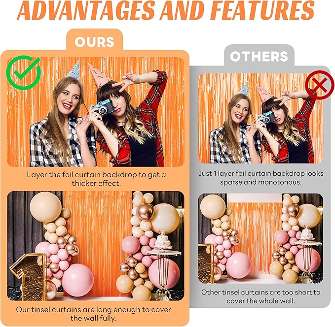 BTSD-home Orange Foil Fringe Curtain, Metallic Photo Booth Backdrop Tinsel Door - Image 5