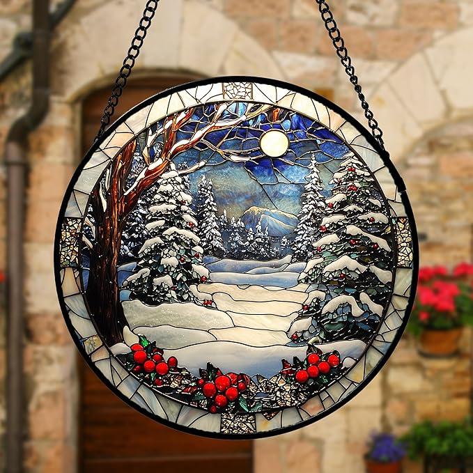Stained Glass Window Hanging Christmas Tree Winter Snow Night Scenery 9.8" - Image 4