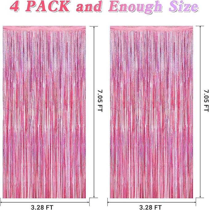 4 Pack Pink Backdrop, 3.28 FT x7.05 FT Foil Fringe Curtains, Metallic Glitter - Image 2