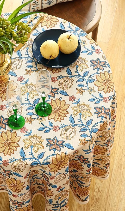 ISAENNE Designer Bohemian Floral Round Tablecloth, Linen Colorful Table Cloth - Image 8