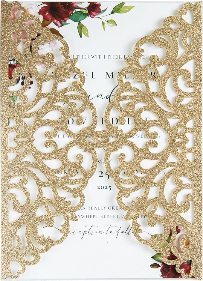20Pcs Gold Glitter Laser Cut Invitation Cards by FEIYI