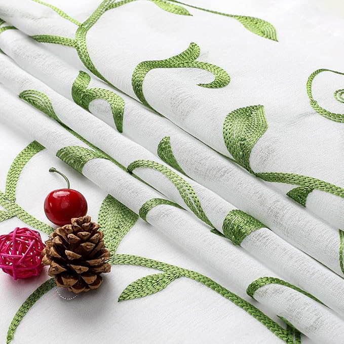 VISIONTEX Embroidered Green Sheer Voile Curtains, Leaves Embroidery Faux Linen - Image 5