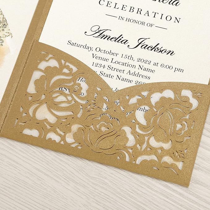 DORIS HOME 50pcs Laser Cut Quinceanera Invitations Gold, 4.7x7.1 Personalized - Image 6
