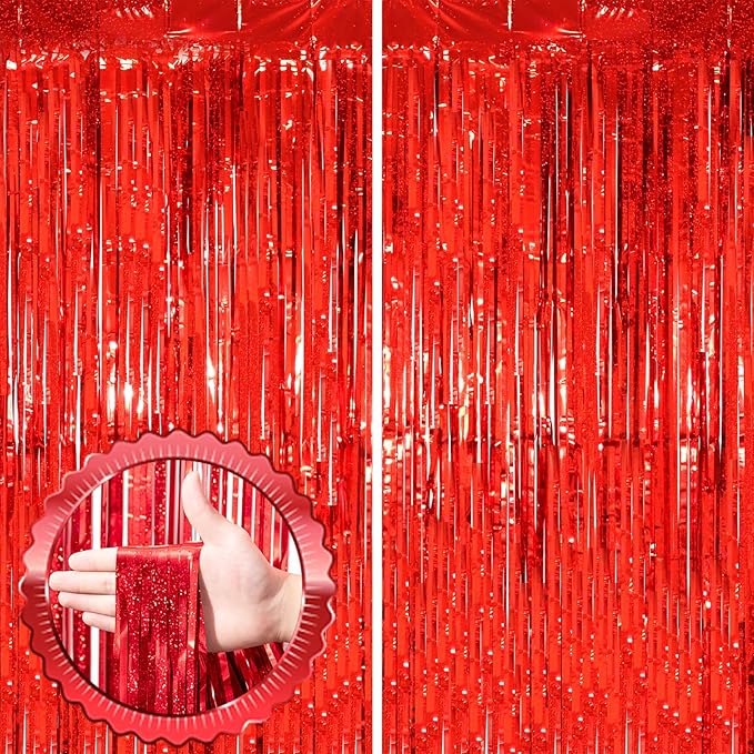 2 Pack Red Tinsel Foil Fringe Curtains, Metallic Tinsel Party Streamers Backdrop by Voircoloria