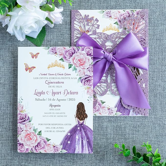 20 PCS 5.12x7.2 Butterfly Quinceanera Invitation, Laser Cut Wedding Invitation - Image 7