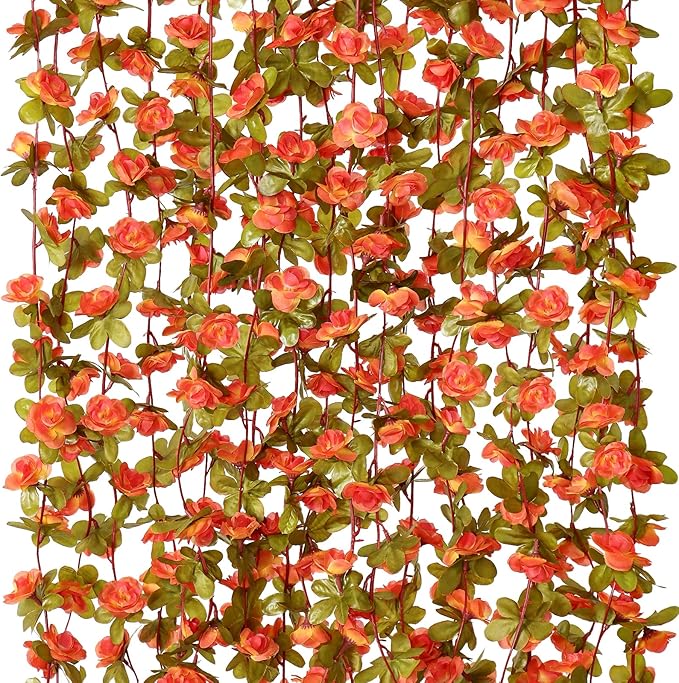 KHOYIME 5 Pack 40 FT Artificial Fall Flower Garland, Fake Orange Roses Vines by KHOYIME
