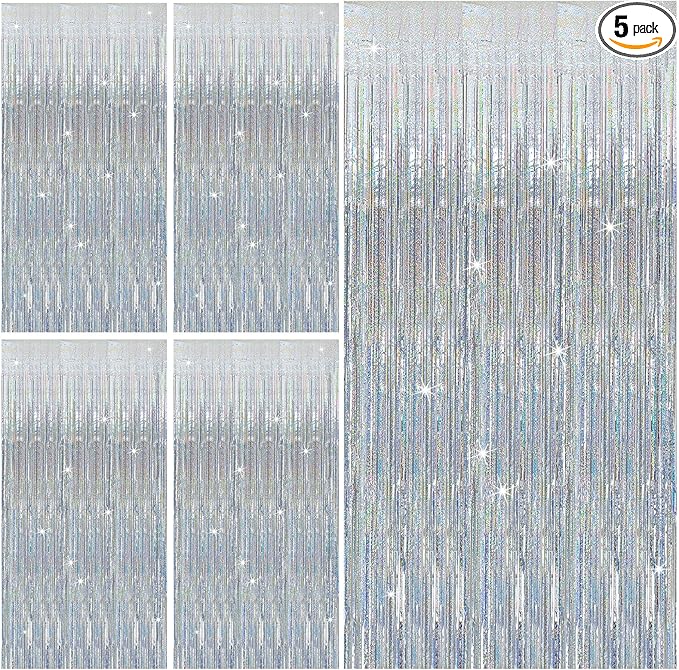 5 Pack Silver Glitter Streamers Party Decorations Tinsel Foil Fringe Curtains by Unknown