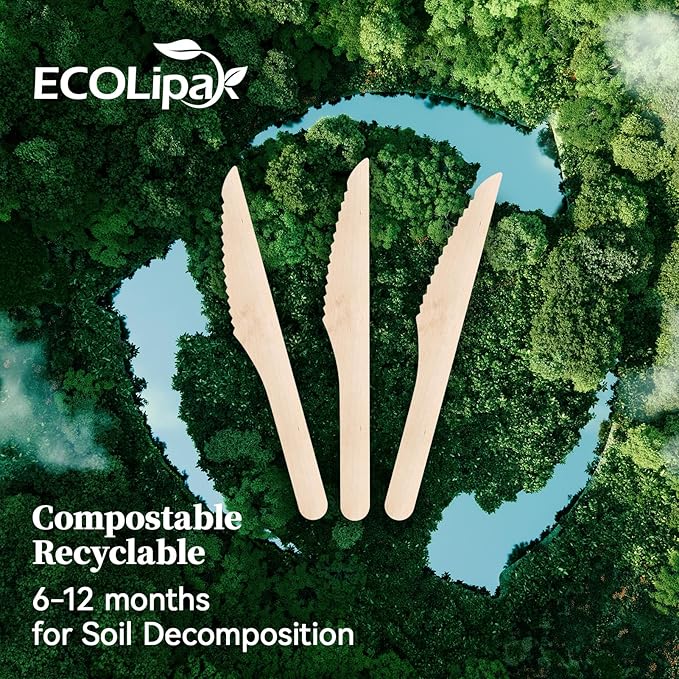 ECOLipak 300 Count Disposable Wooden Knives, Wooden Compostable Disposable - Image 5