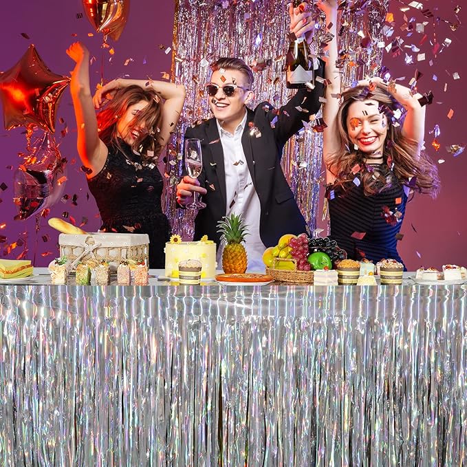 8 Pack Iridescent Table Skirt, Metallic Foil Fringe Tinsel Table Skirts - Image 6