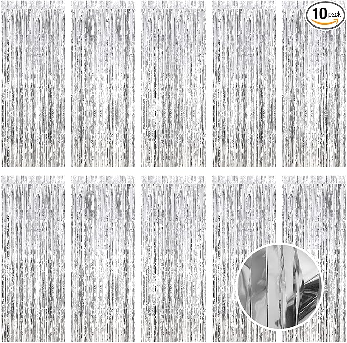 10 Pack Silver Foil Curtain Backdrop 3.2ft x 9.8ft Metallic Tinsel Foil Fringe by Ohiyoo