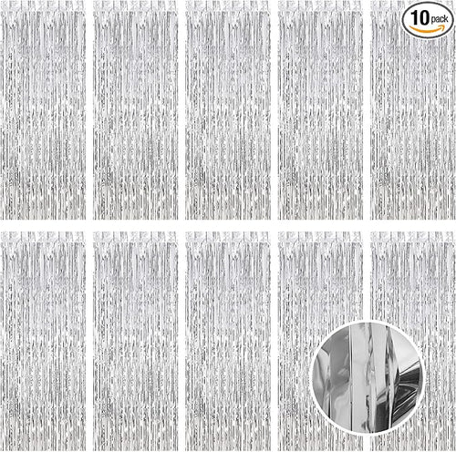 10 Pack Silver Foil Curtain Backdrop 3.2ft x 9.8ft Metallic Tinsel Foil Fringe by Ohiyoo
