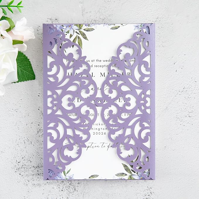 20Pcs Lilac Laser Cut Invitation Cards by FEIYI