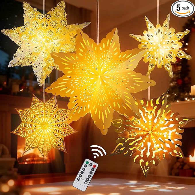 5Pcs Christmas Paper Snowflake Lanterns, Large Christmas Paper Star Lanterns by OuMuaMua