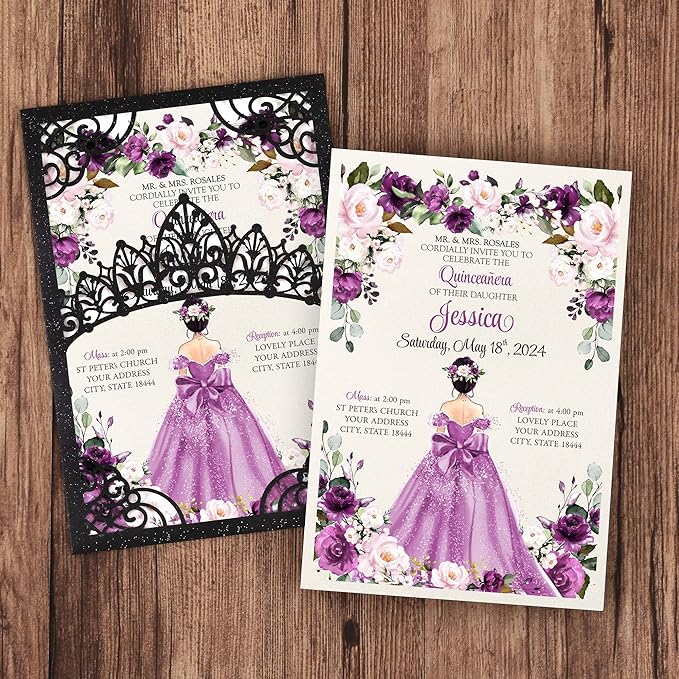 50Pcs Purple Crown Invitations for Quinceanera, 15 year, Sweet 16, Miss XV - Image 2