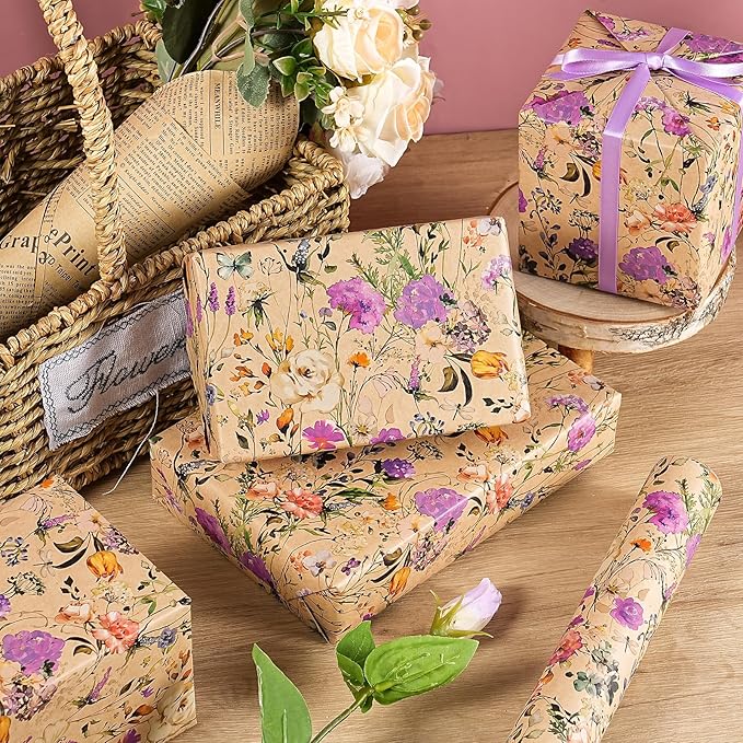 WRAPAHOLIC Kraft Floral Wrapping Paper Roll - Image 5