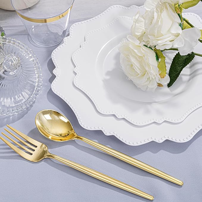 COLOSUS 350pcs White Plastic Plates Disposable Gold Cutlery Dinnerware set - Image 7