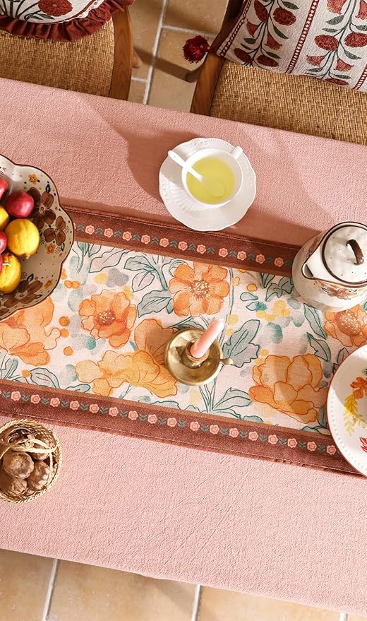 Designer Vintage Orange Floral Small Table Runner, French Farmhouse Soft Linen - Image 8