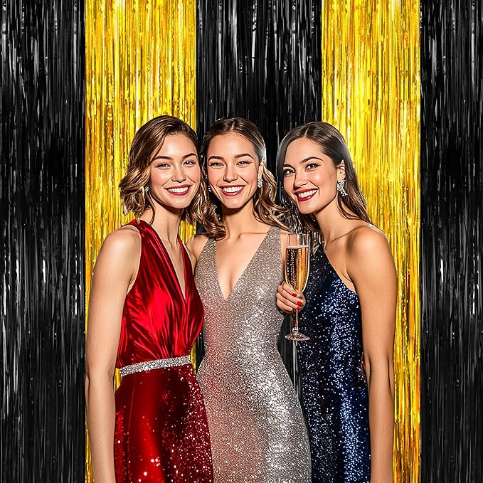 BTSD-home 4 Pack Black Gold Metallic Foil Fringe Curtain Tinsel Streamer Party - Image 3