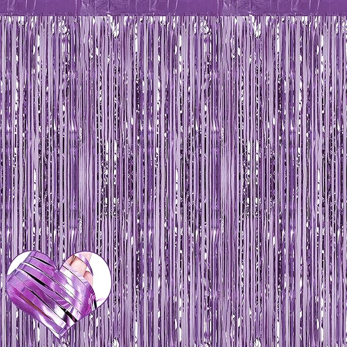 4 Pack Light Purple Fringe Curtain Backdrop, 3.2Ft x 6.6Ft Metallic Tinsel Foil by Mebiornt