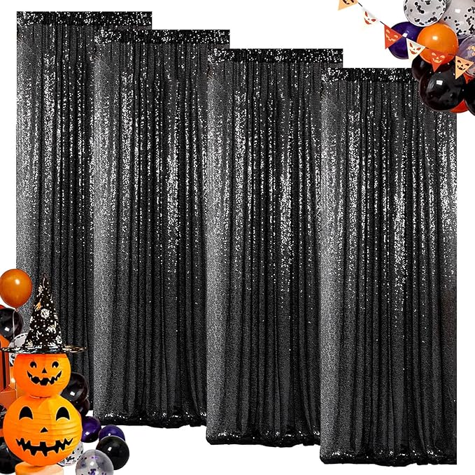 ShinyBeauty Sequin Curtains 4 Panels Black Backdrop Curtain Sequin Backdrops by ShinyBeauty