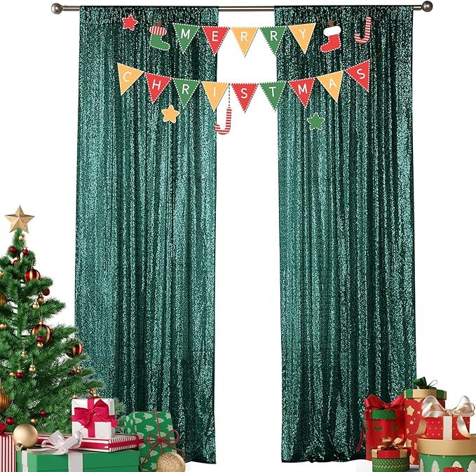Sugargirl Dark Green Sequin Backdrop Curtain 2 Panels 2FTx8FT Glitter Dark by Sugargirl