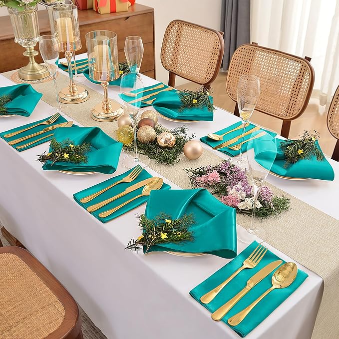 50 Pieces Teal Satin Napkins, Silky Soft Smooth Washable Napkins - Image 3