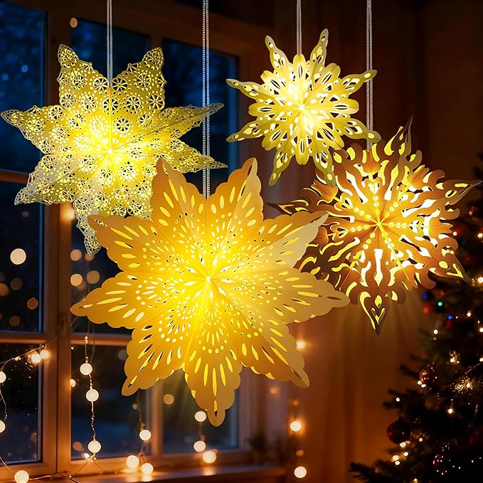 5Pcs Christmas Paper Snowflake Lanterns, Large Christmas Paper Star Lanterns - Image 9