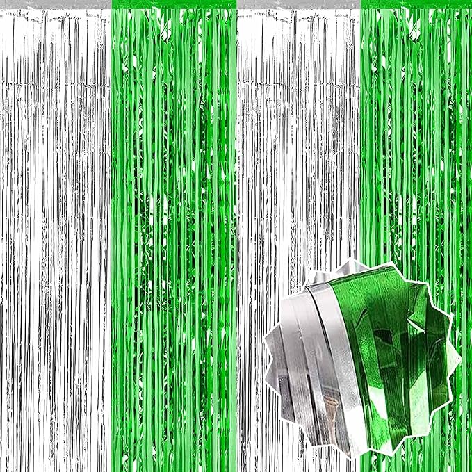 6 Pack Silver Green Foil Fringe Curtains Backdrop, 3.28 x 8.2 Ft Metallic by LANTIANCHEN