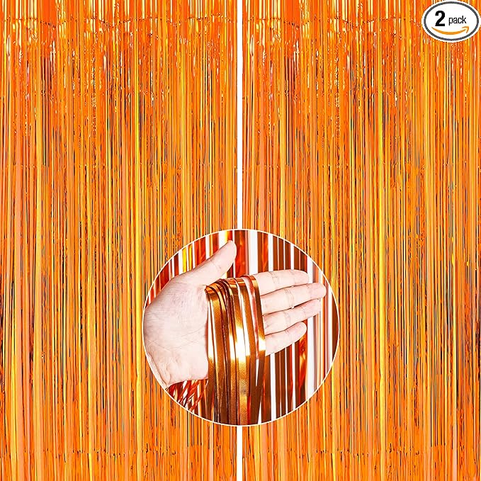 ParyWoo Orange Streamers 2pcs Tinsel Backdrop 8.2FT Metallic Orange Foil Fringe by PartyWoo