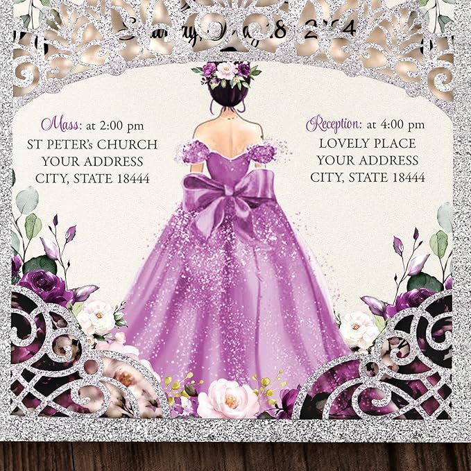 50Pcs Purple Crown Invitations for Quinceanera, 15 year, Sweet 16, Miss XV - Image 5