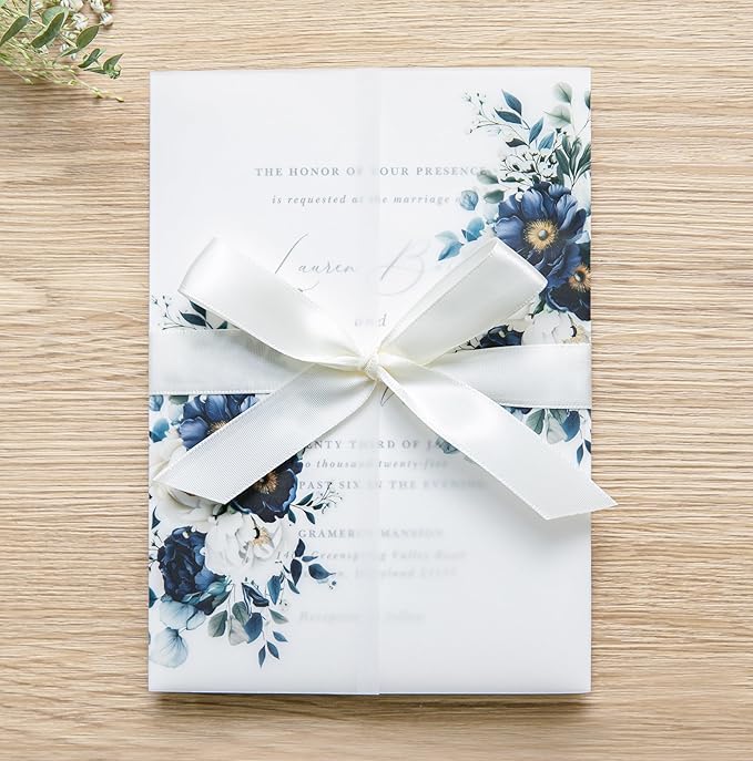 PONATIA 50PCS Vellum Jackets for 5x7 Invitation Cards- 135GSM Navy Blue Flowers - Image 6