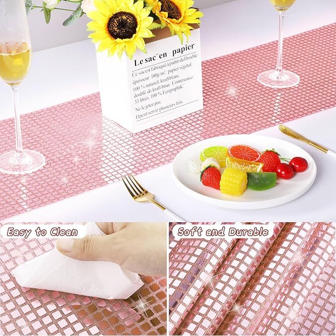 Durony 2 Pack Disco Table Runner 11 x 108 Inch Mirror Rose Gold Glitter Foil - Image 3
