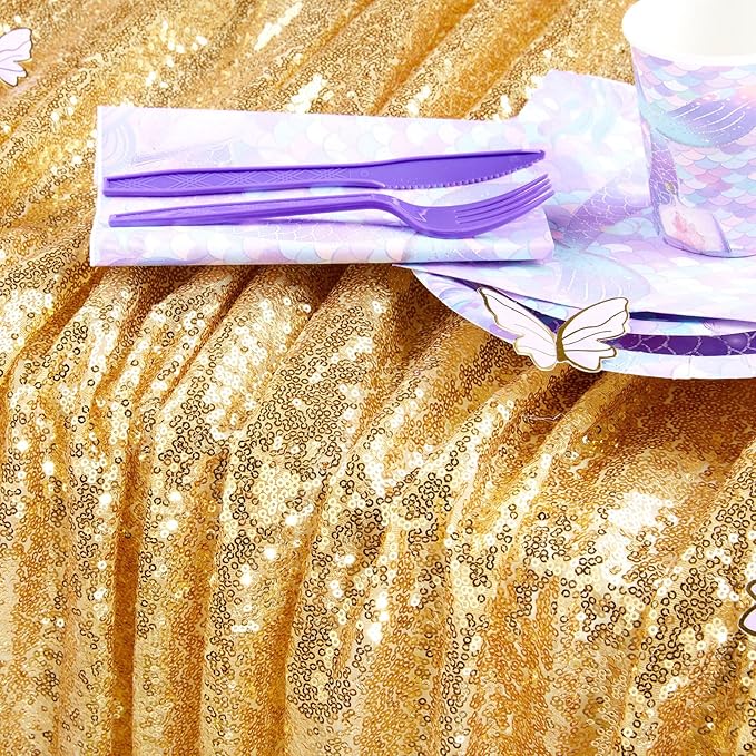 QueenDream Gold Table Cloth Party Decorations: Sequin Fabric 90x90 Inch Sparkle - Image 4