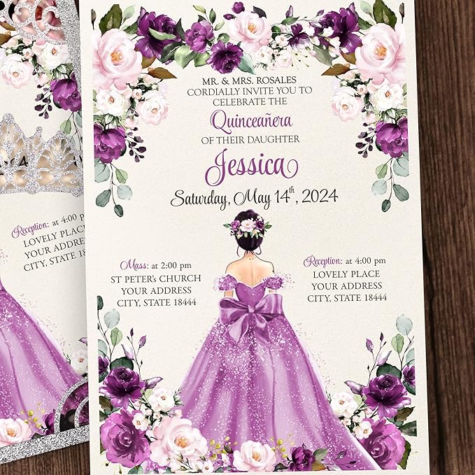 50Pcs Purple Crown Invitations for Quinceanera, 15 year, Sweet 16, Miss XV - Image 6