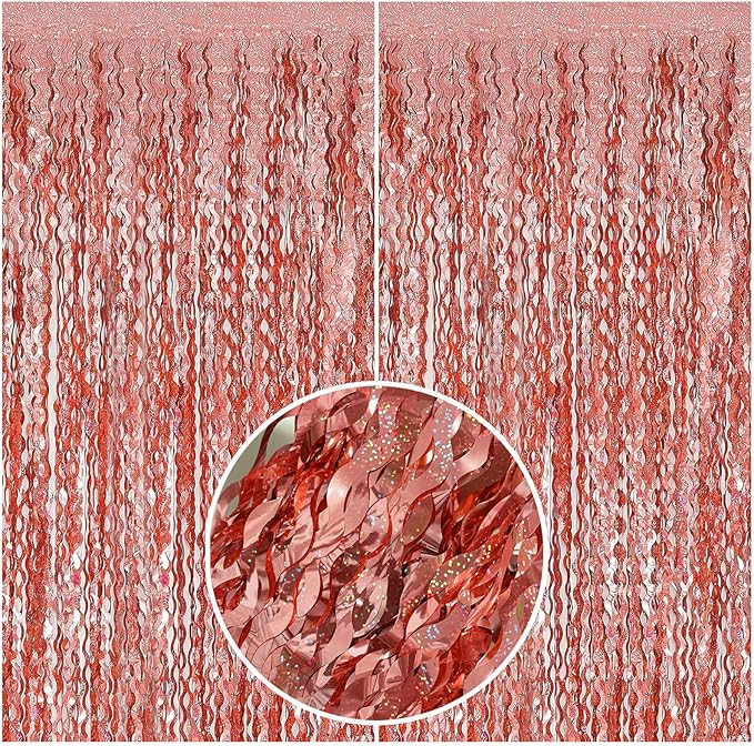 Rose Gold Tinsel Foil Fringe Curtains Wavy Backdrop by BOMSI