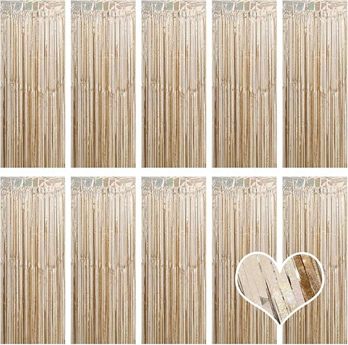 10 Pack Champagne Gold Backdrop Curtain 3.2ft x 8.2ft Metallic Tinsel Foil by Ohiyoo