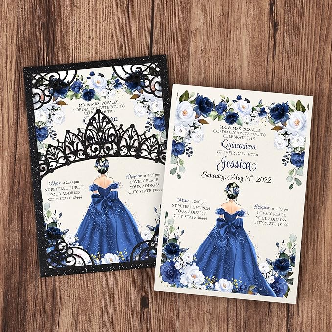 50Pcs Navy Blue Crown Invitations - Image 2