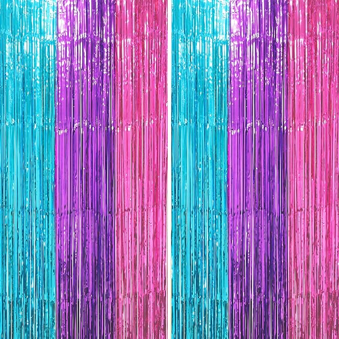 2 Pack Blue Purple Pink Foil Fringe Backdrop Curtains, Tinsel Streamers Party by Voircoloria